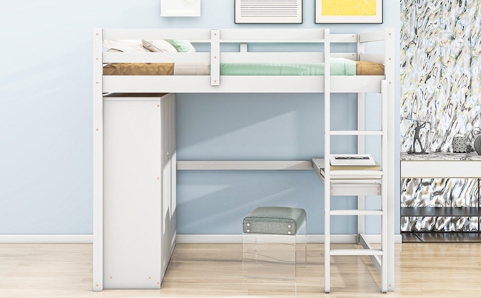 Wood Full Size Loft Bed with Built-in Wardrobe, Desk, Storage Shelves and Drawers