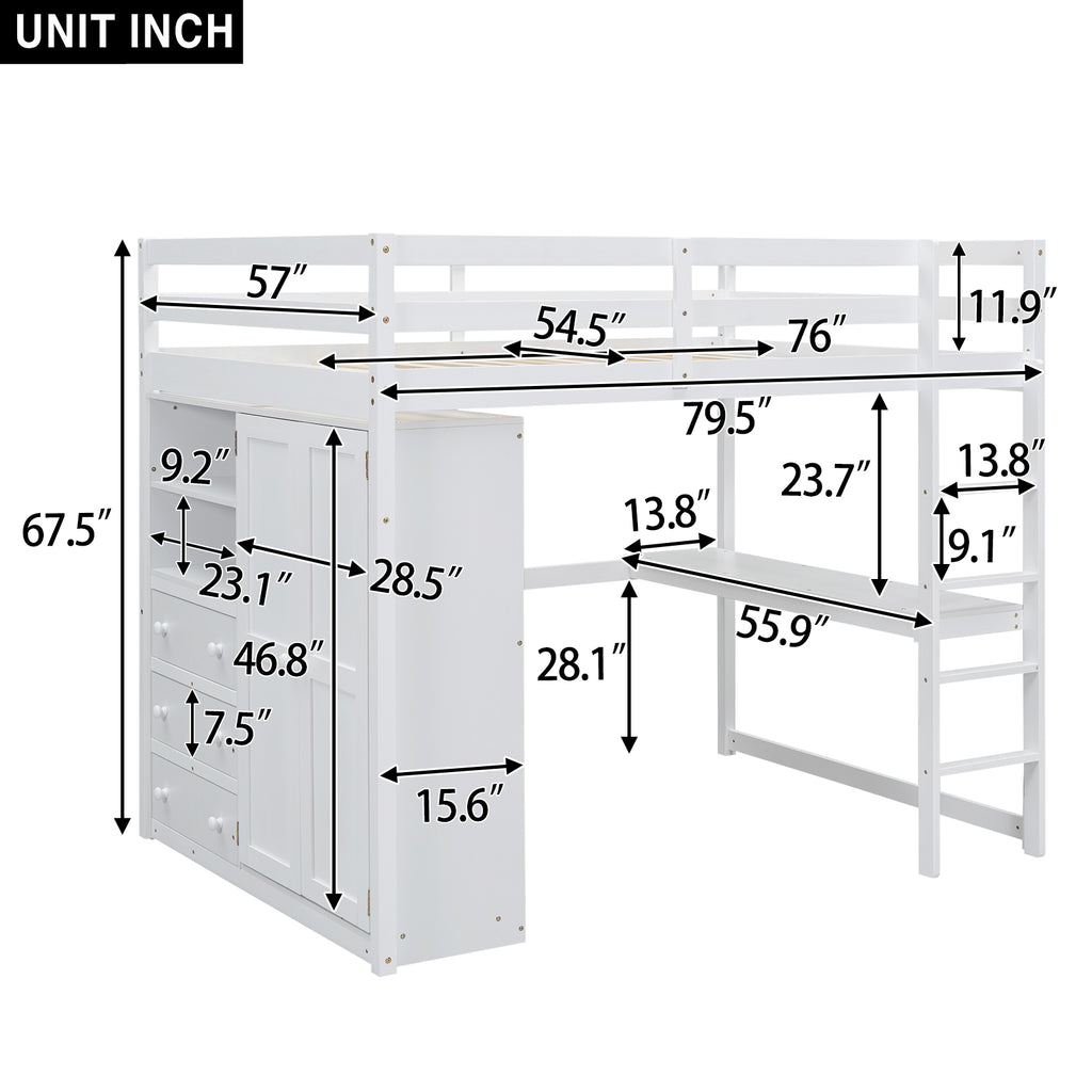 Wood Full Size Loft Bed with Built-in Wardrobe, Desk, Storage Shelves and Drawers