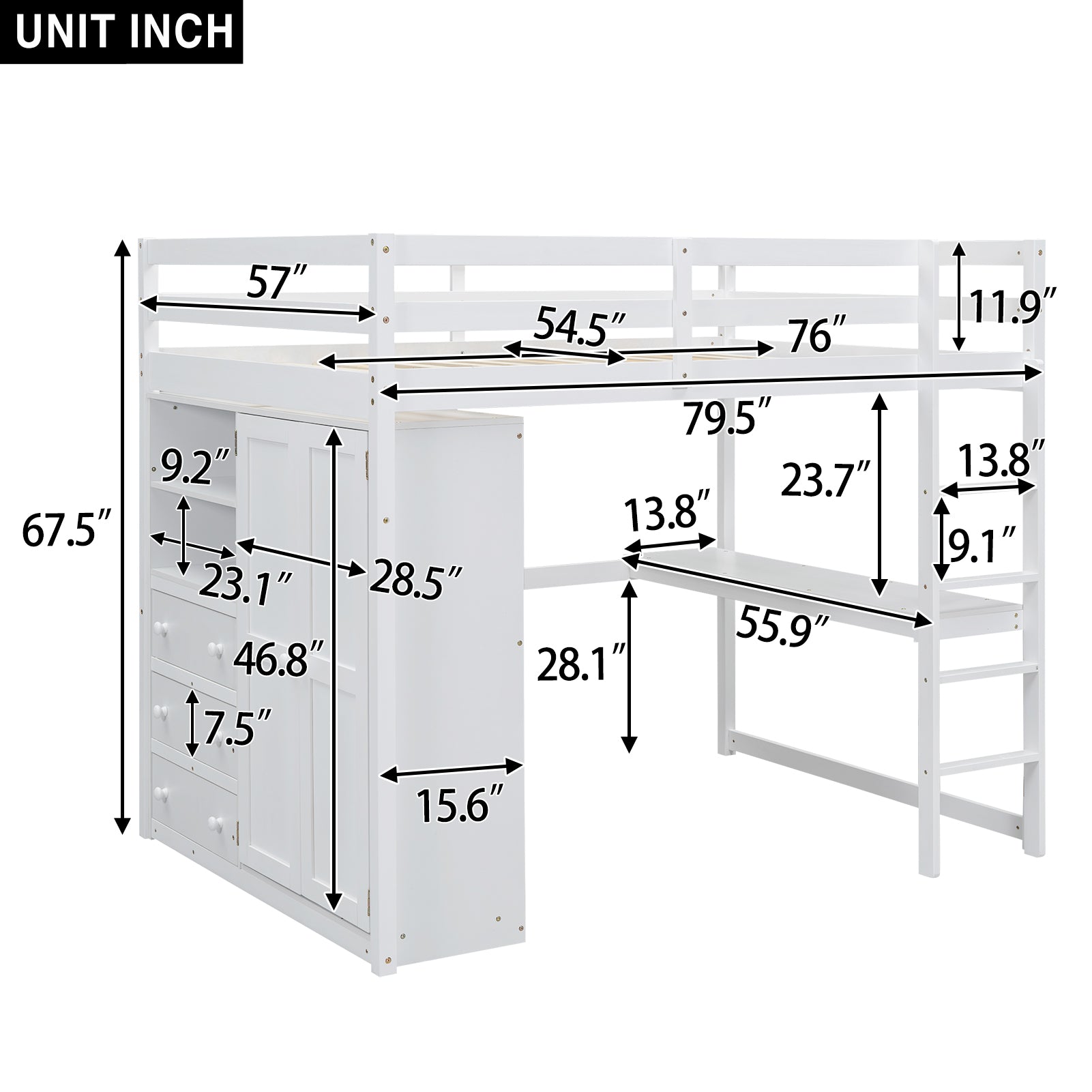 Wood Full Size Loft Bed with Built-in Wardrobe, Desk, Storage Shelves and Drawers