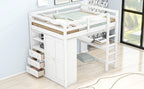 Wood Full Size Loft Bed with Built-in Wardrobe, Desk, Storage Shelves and Drawers