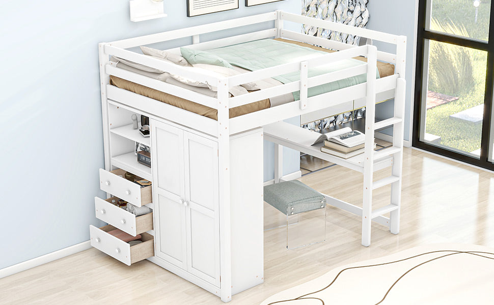 Wood Full Size Loft Bed with Built-in Wardrobe, Desk, Storage Shelves and Drawers