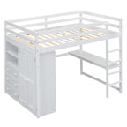 Wood Full Size Loft Bed with Built-in Wardrobe, Desk, Storage Shelves and Drawers