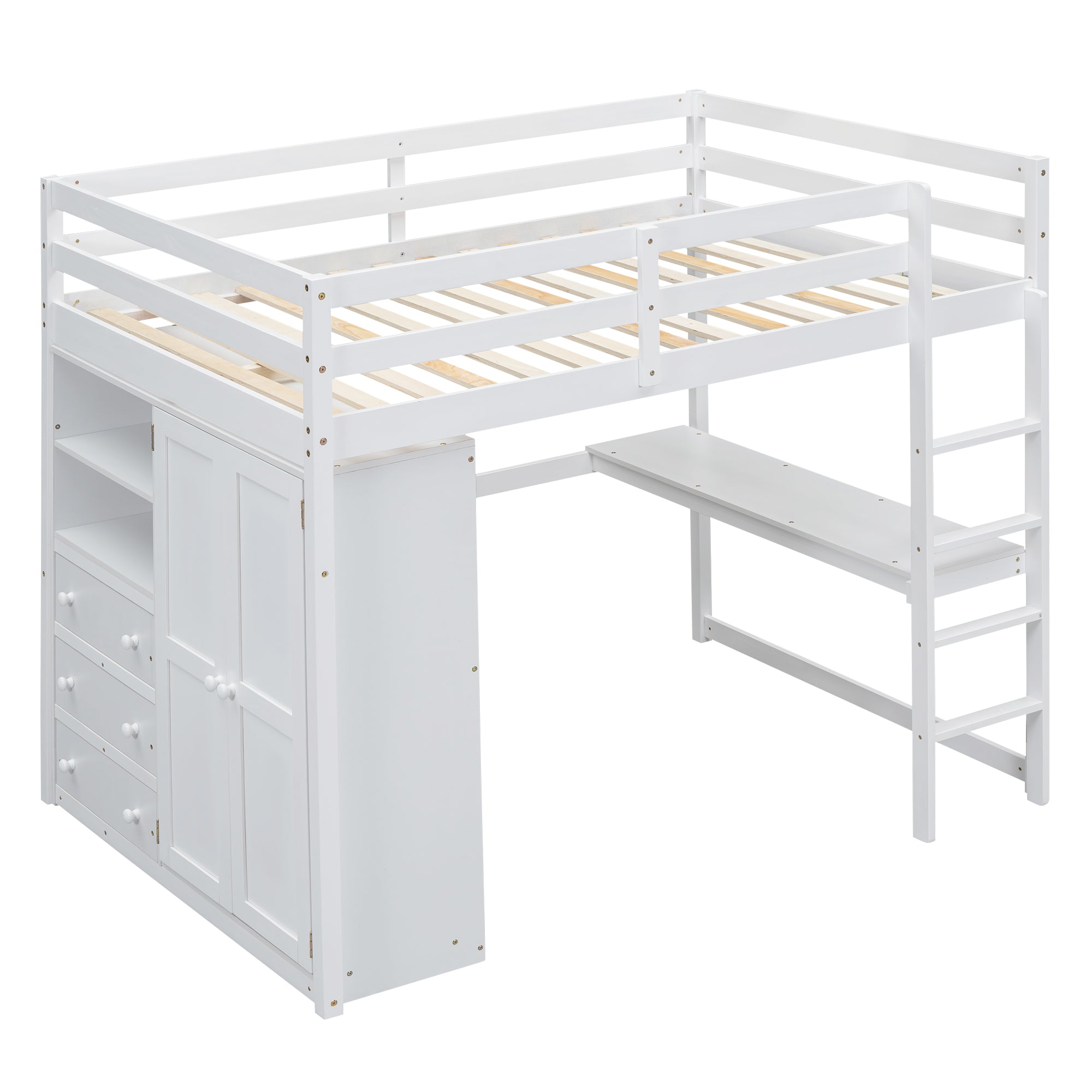 Wood Full Size Loft Bed with Built-in Wardrobe, Desk, Storage Shelves and Drawers