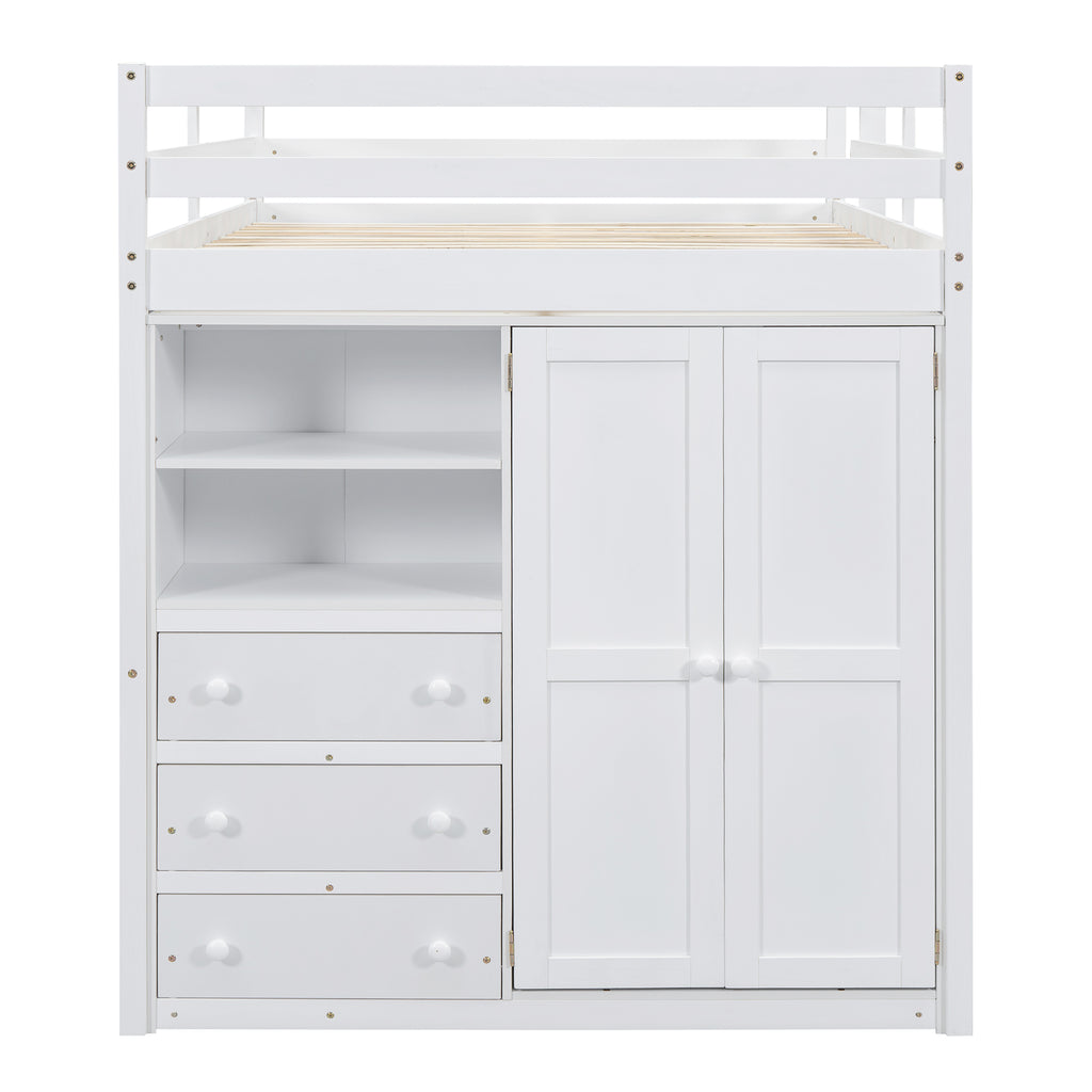 Wood Full Size Loft Bed with Built-in Wardrobe, Desk, Storage Shelves and Drawers