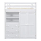 Wood Full Size Loft Bed with Built-in Wardrobe, Desk, Storage Shelves and Drawers