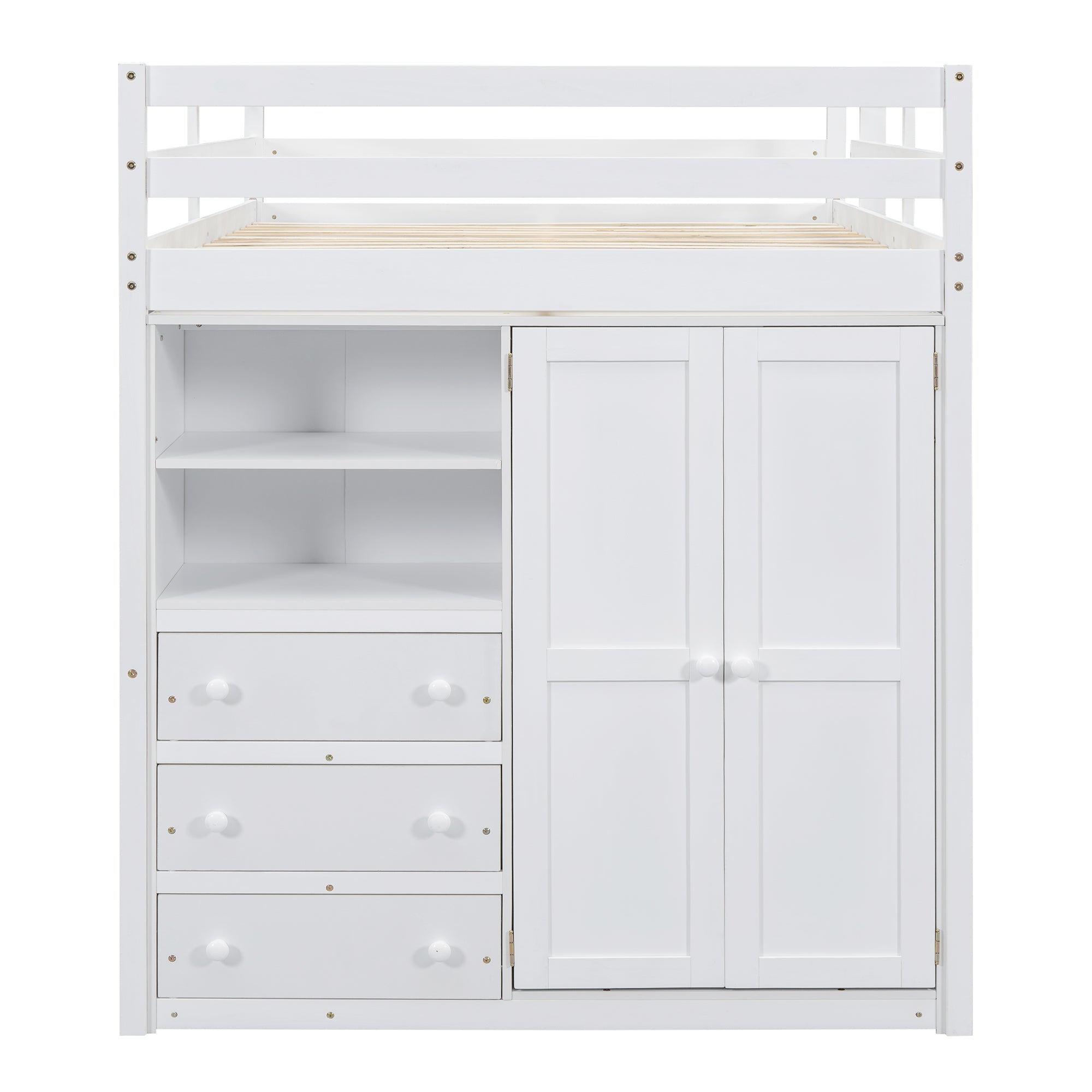 Wood Full Size Loft Bed with Built-in Wardrobe, Desk, Storage Shelves and Drawers