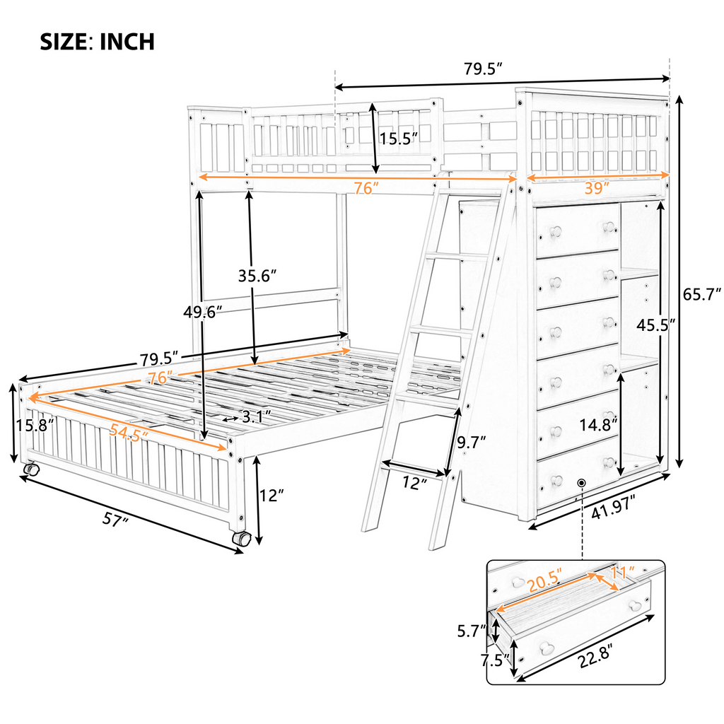 Wooden Twin Over Full Bunk Bed With Six Drawers