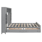 Queen Size Wooden Bed With All-in-One Cabinet, Shelf and Sockets, Twin XL Trundle