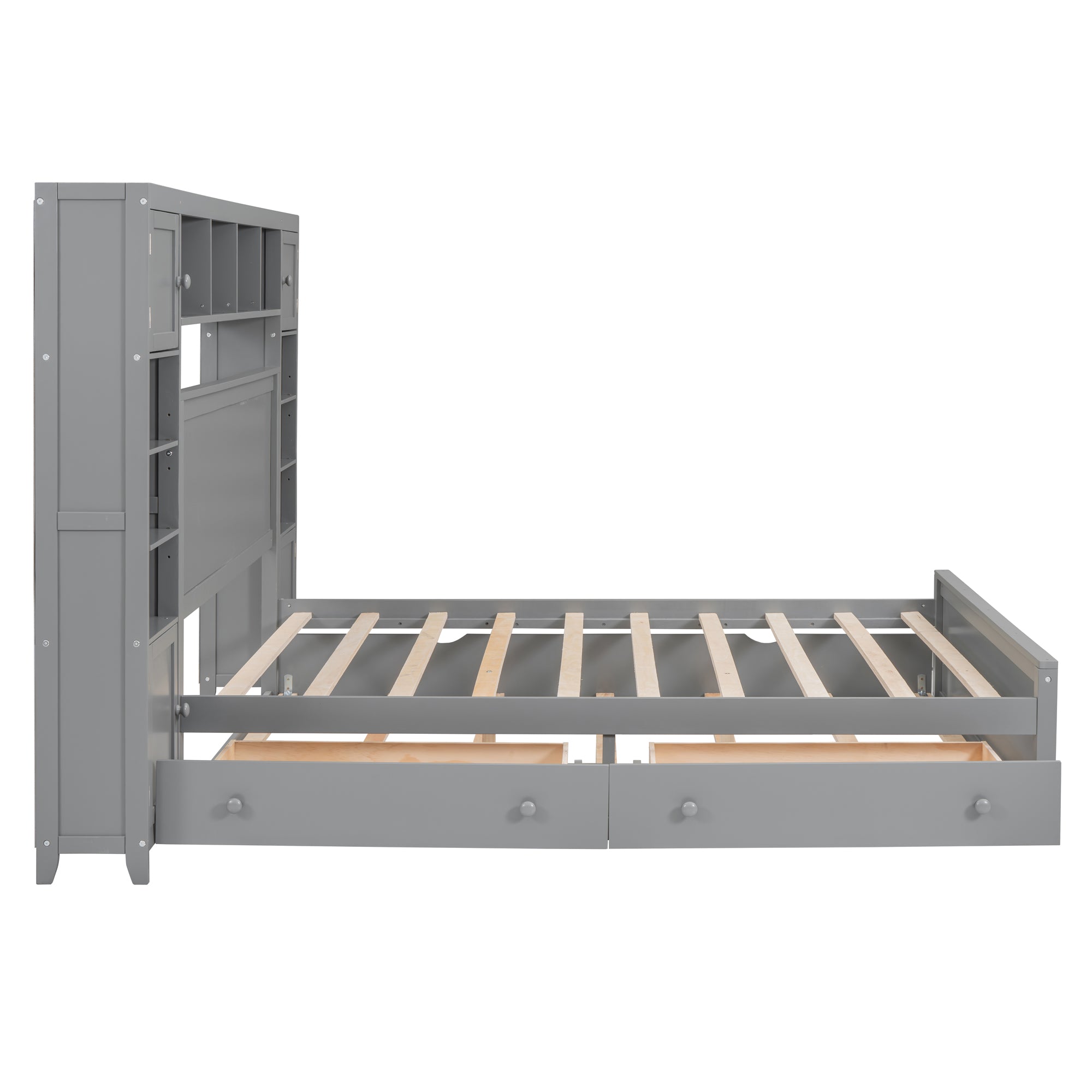 Queen Size Wooden Bed With All-in-One Cabinet, Shelf and Sockets, Twin XL Trundle