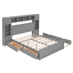 Queen Size Wooden Bed With All-in-One Cabinet, Shelf and Sockets, Twin XL Trundle