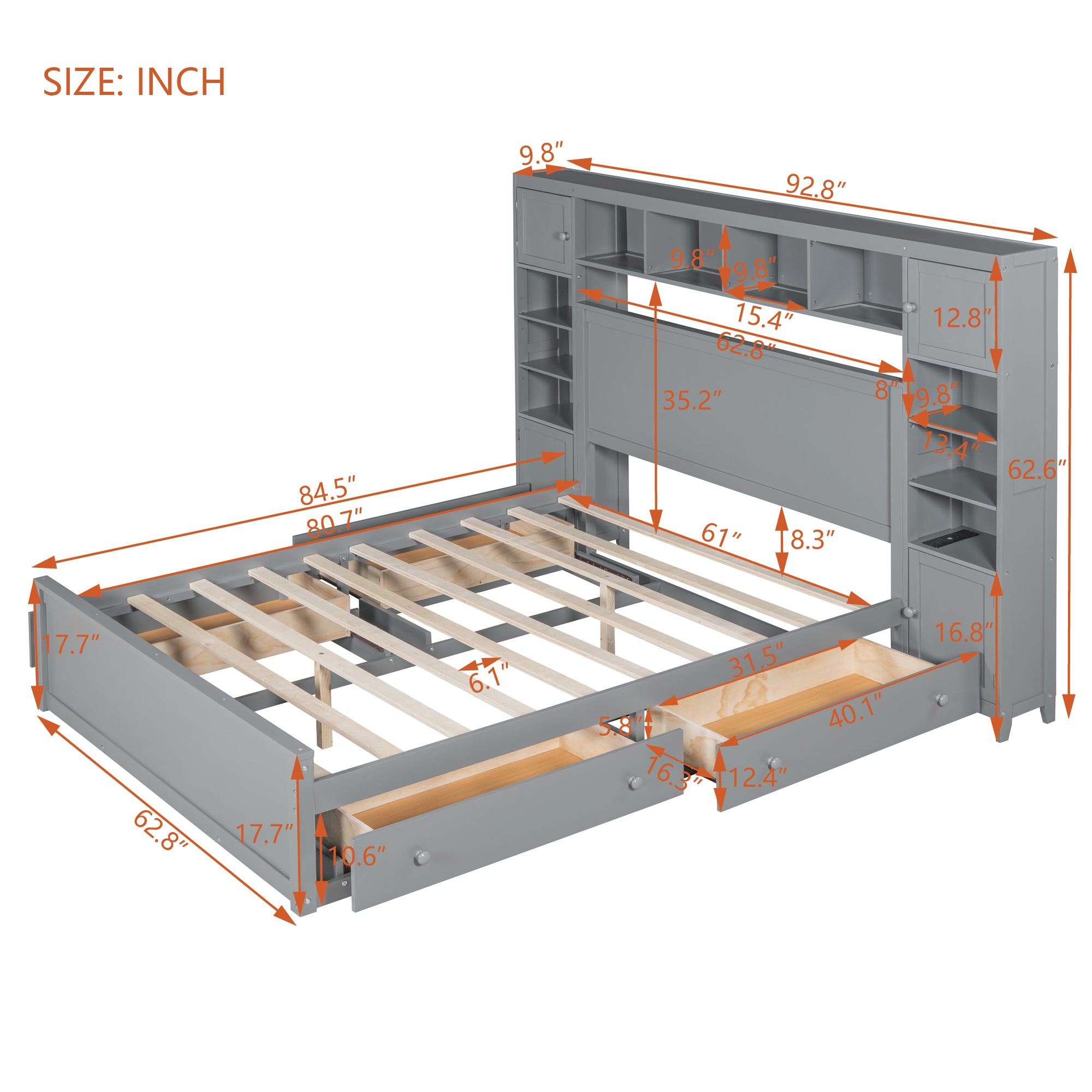 Queen Size Wooden Bed With All-in-One Cabinet, Shelf and Sockets