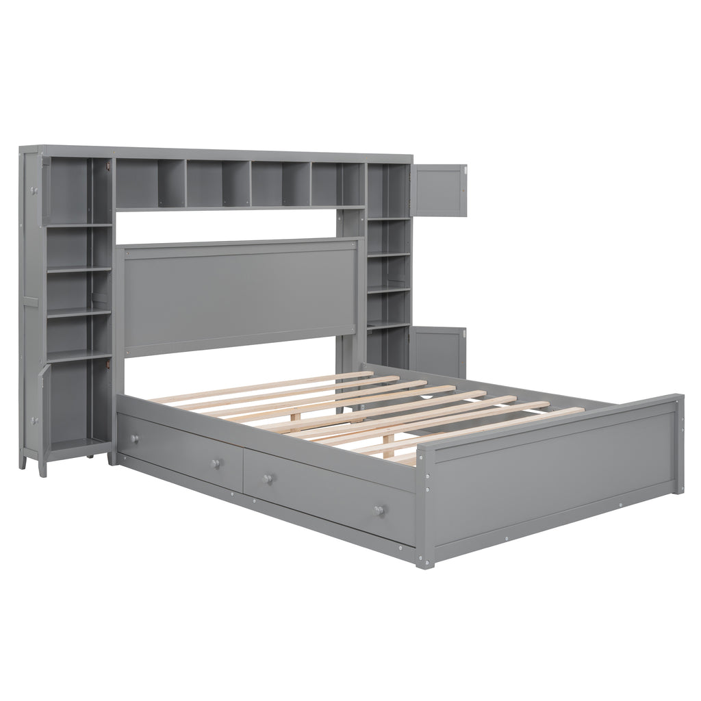 Queen Size Wooden Bed With All-in-One Cabinet, Shelf and Sockets, Twin XL Trundle