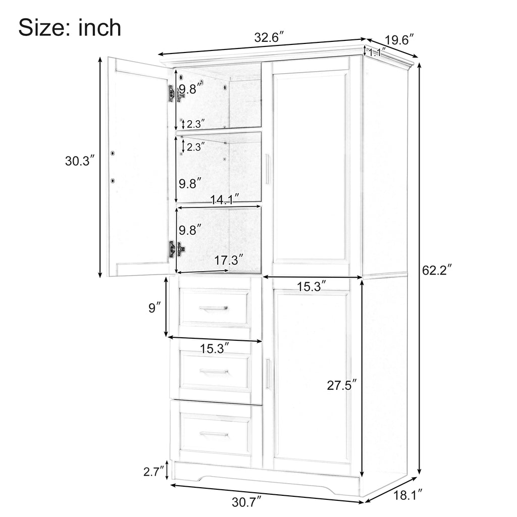 Tall and Wide Storage Cabinet with Doors for Bathroom/Office