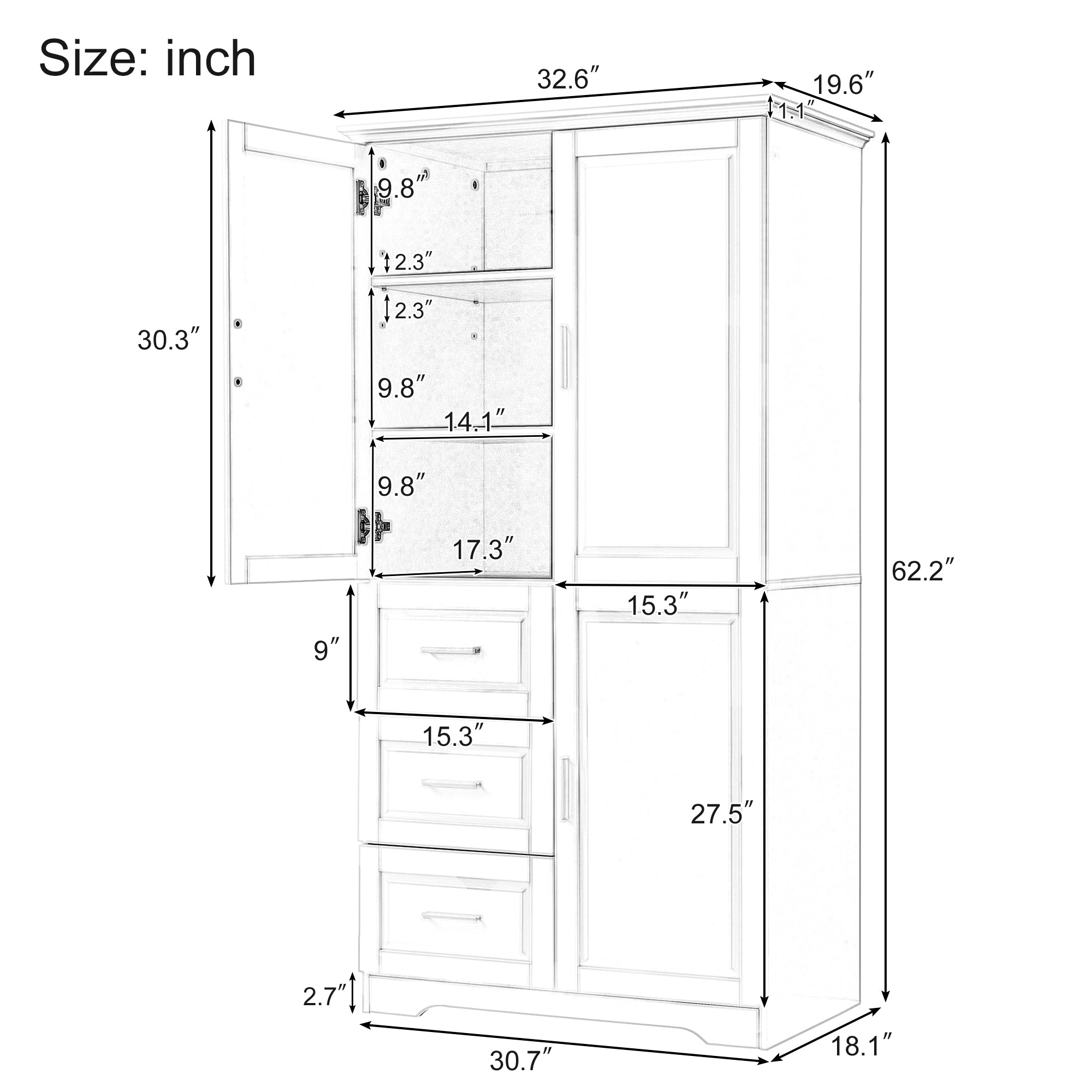 Tall and Wide Storage Cabinet with Doors for Bathroom/Office