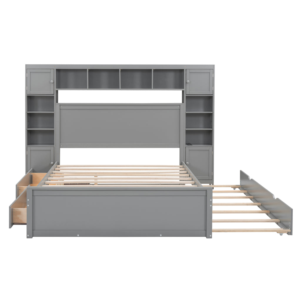 Queen Size Wooden Bed With All-in-One Cabinet, Shelf and Sockets, Twin XL Trundle