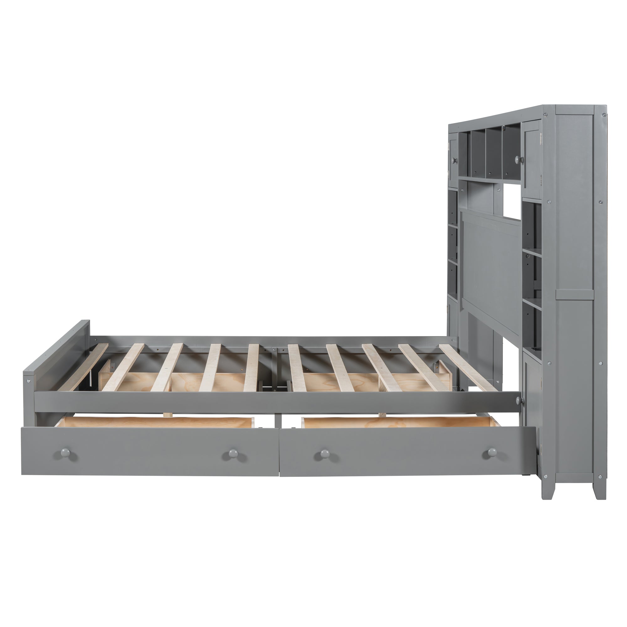 Queen Size Wooden Bed With All-in-One Cabinet, Shelf and Sockets