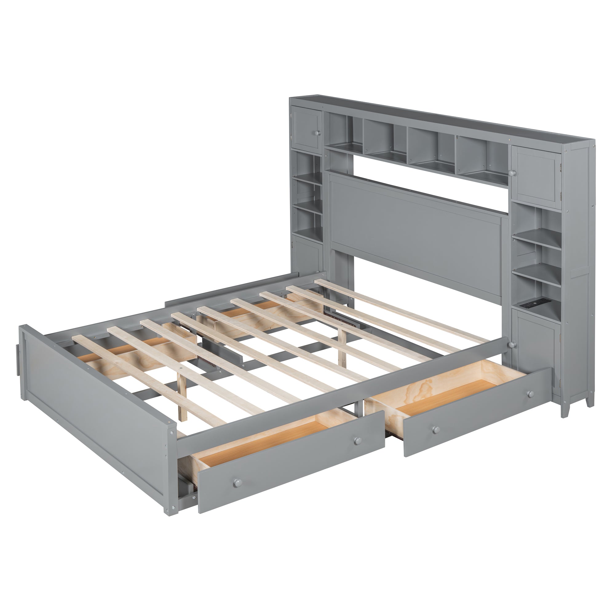 Queen Size Wooden Bed With All-in-One Cabinet, Shelf and Sockets