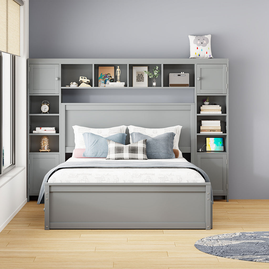 Queen Size Wooden Bed With All-in-One Cabinet, Shelf and Sockets, Twin XL Trundle