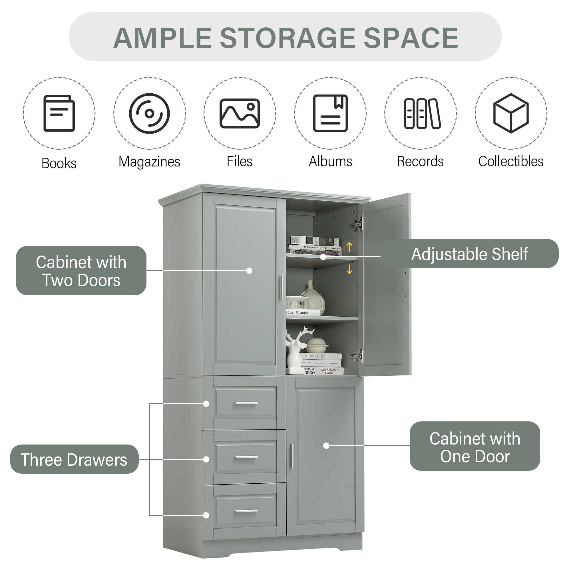 Tall and Wide Storage Cabinet with Doors for Bathroom/Office