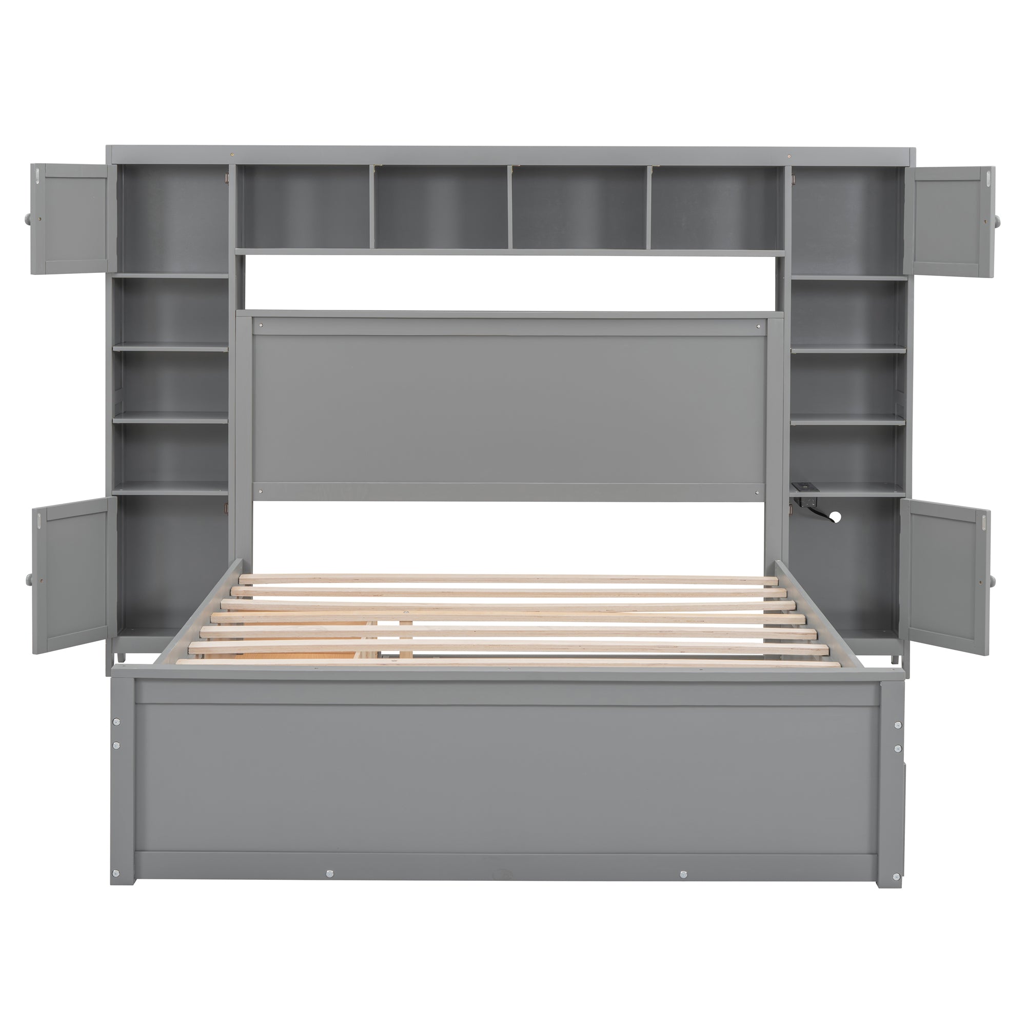 Queen Size Wooden Bed With All-in-One Cabinet, Shelf and Sockets, Twin XL Trundle