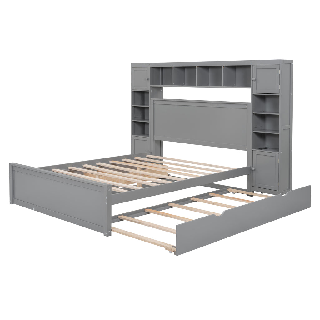 Queen Size Wooden Bed With All-in-One Cabinet, Shelf and Sockets, Twin XL Trundle