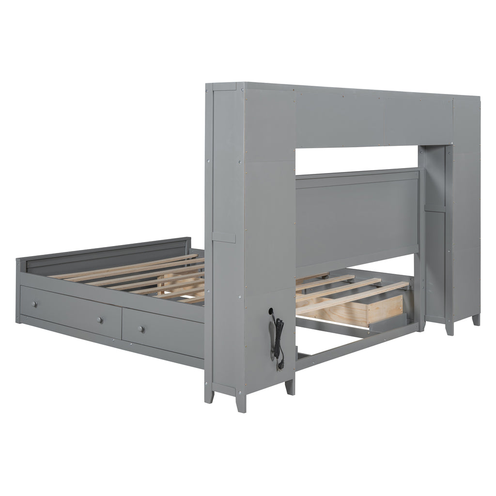 Queen Size Wooden Bed With All-in-One Cabinet, Shelf and Sockets