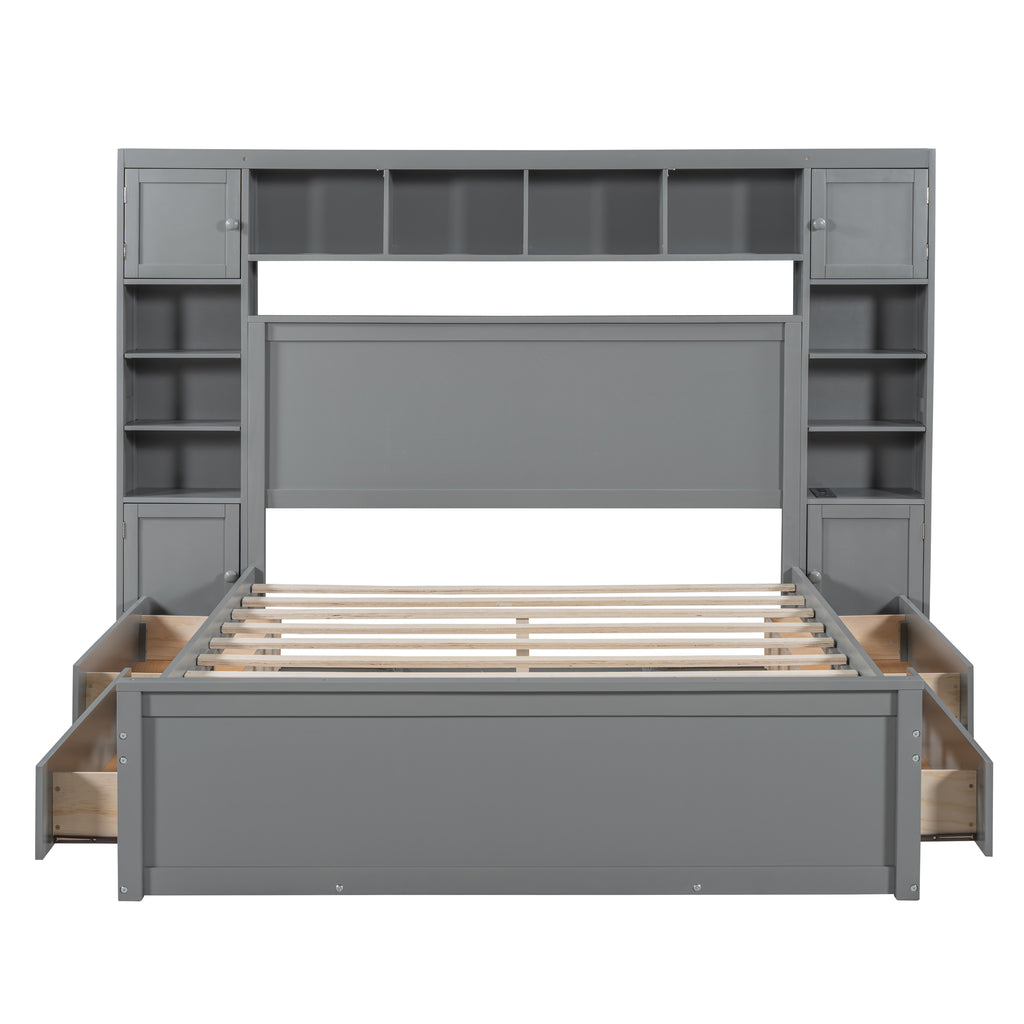 Queen Size Wooden Bed With All-in-One Cabinet, Shelf and Sockets