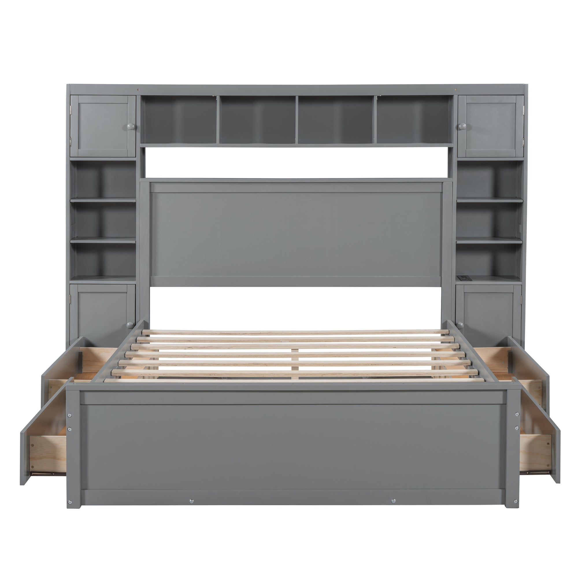 Queen Size Wooden Bed With All-in-One Cabinet, Shelf and Sockets
