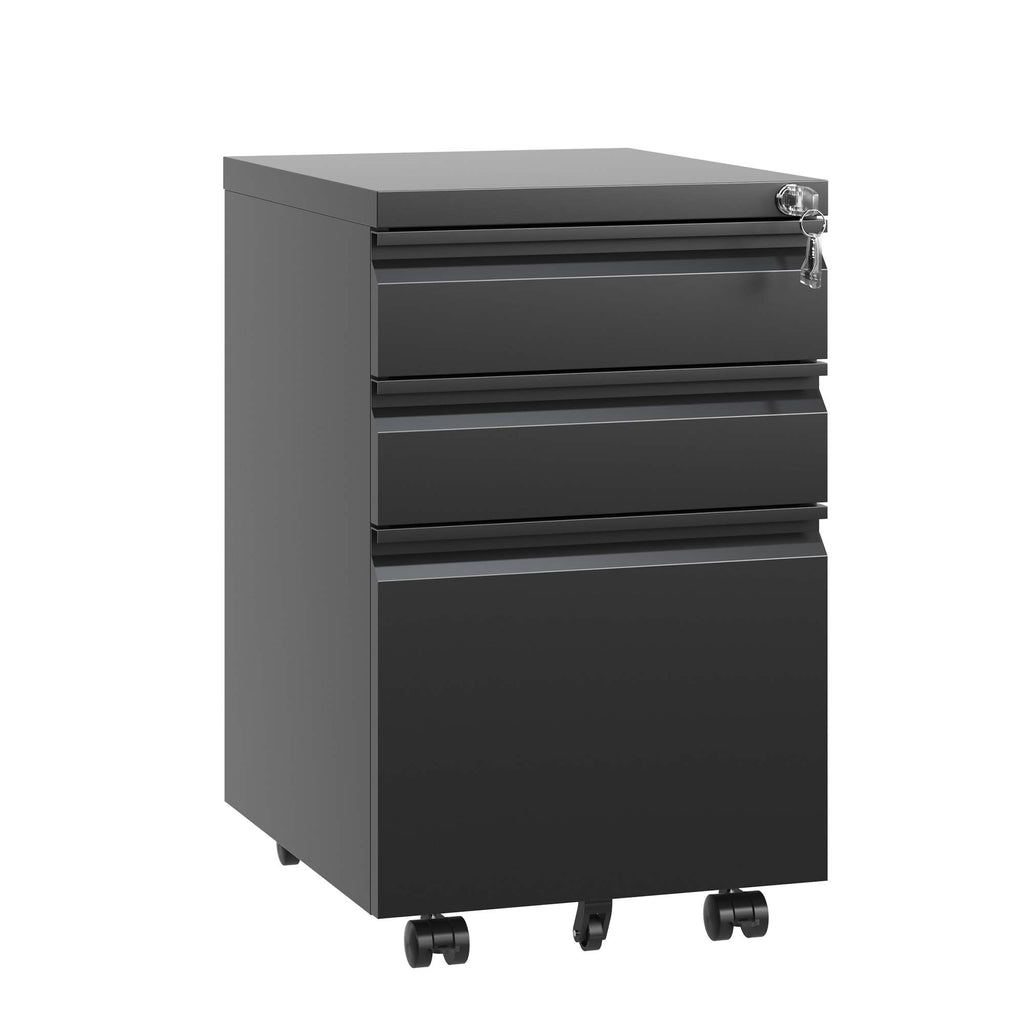 3-Drawer Mobile File Cabinet with Lock, Metal, Black