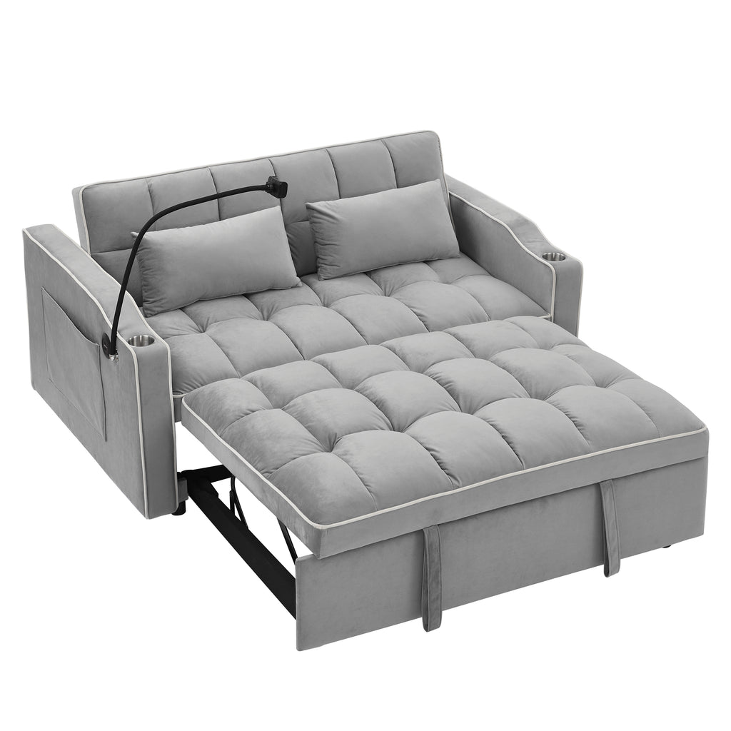 51-Inch Gray Velvet Sofa Bed, Adjustable Back, USB Port, Phone Stand