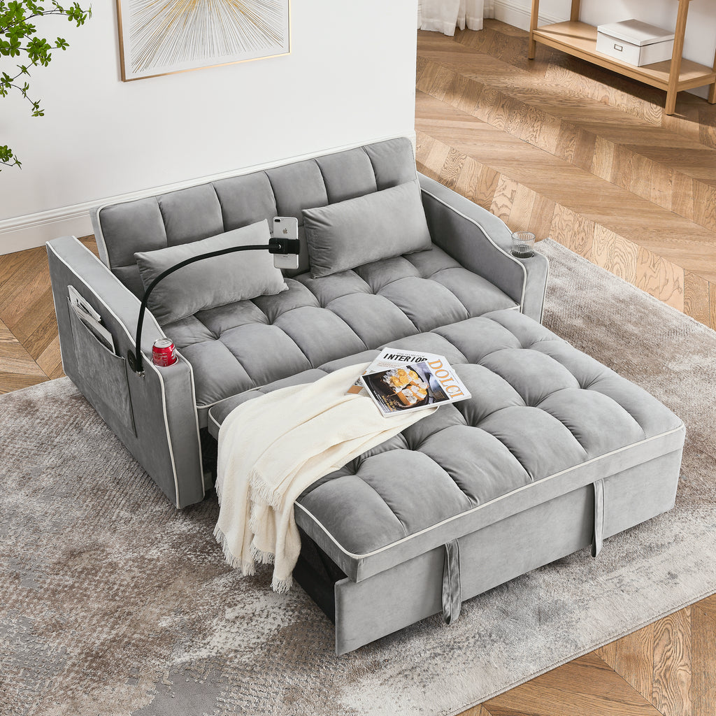51-Inch Gray Velvet Sofa Bed, Adjustable Back, USB Port, Phone Stand