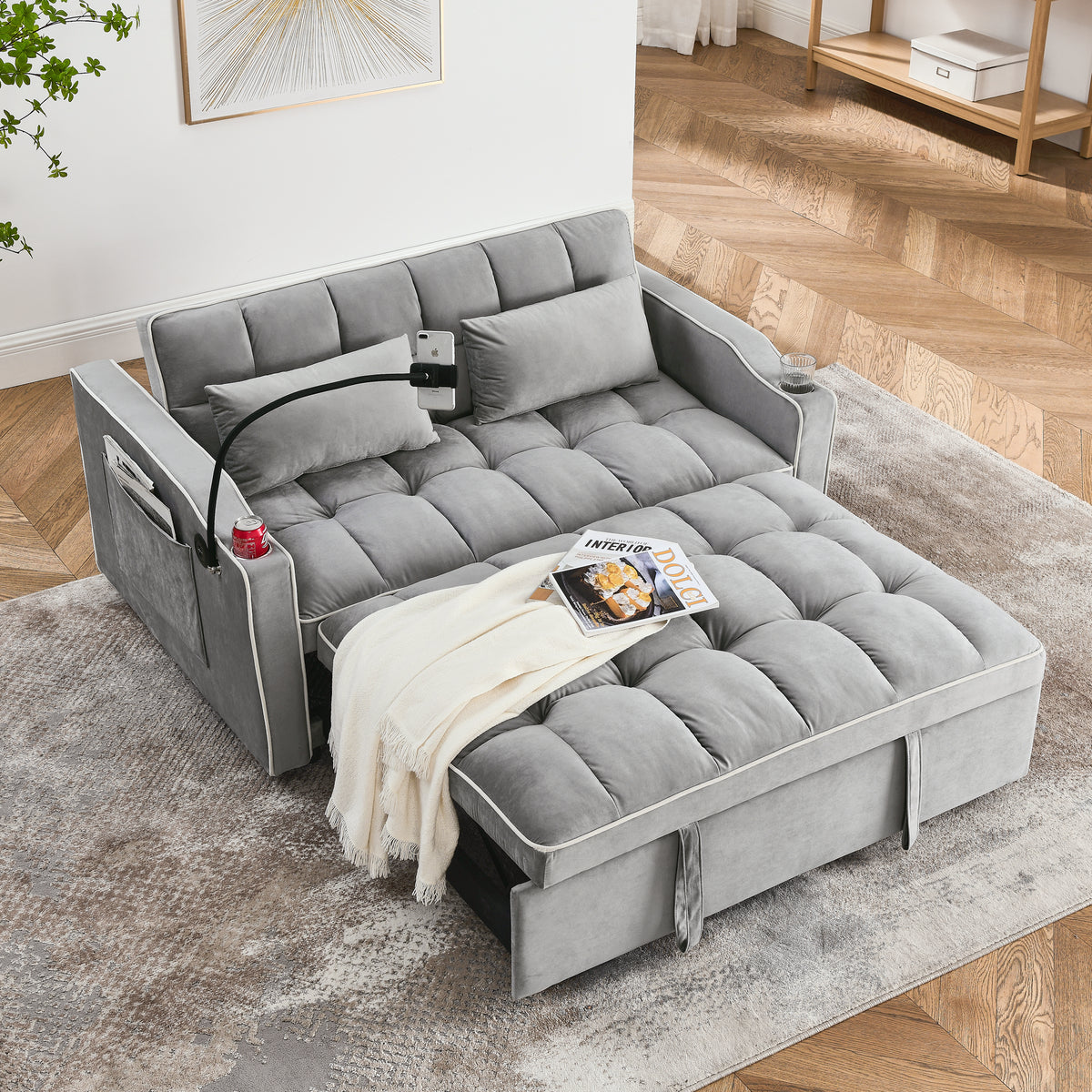 51-Inch Gray Velvet Sofa Bed, Adjustable Back, USB Port, Phone Stand