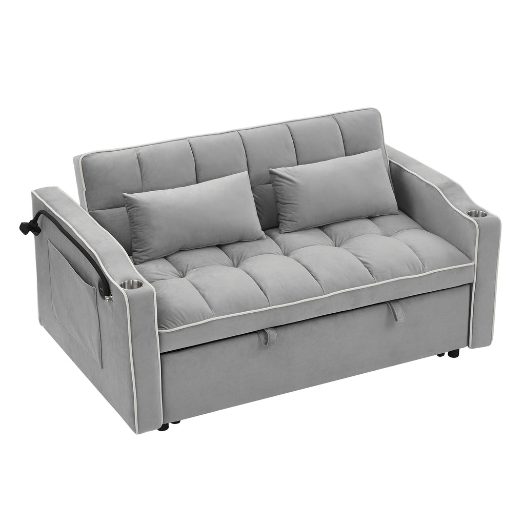 51-Inch Gray Velvet Sofa Bed, Adjustable Back, USB Port, Phone Stand