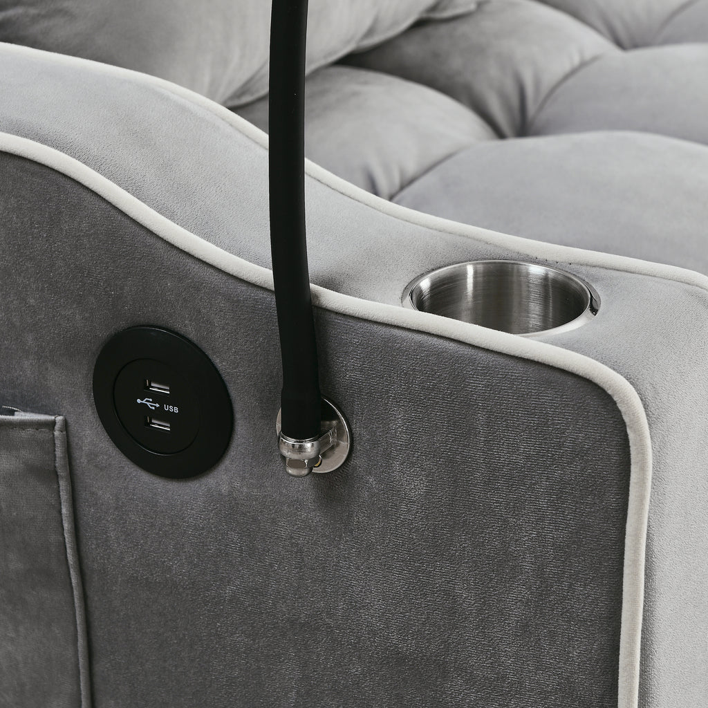 51-Inch Gray Velvet Sofa Bed, Adjustable Back, USB Port, Phone Stand