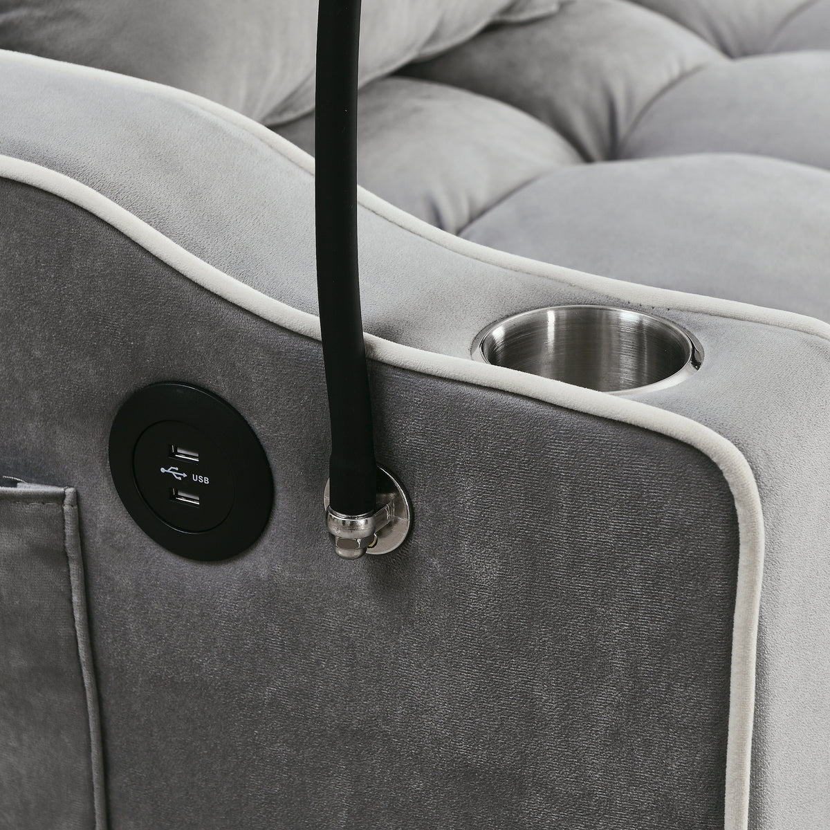 51-Inch Gray Velvet Sofa Bed, Adjustable Back, USB Port, Phone Stand
