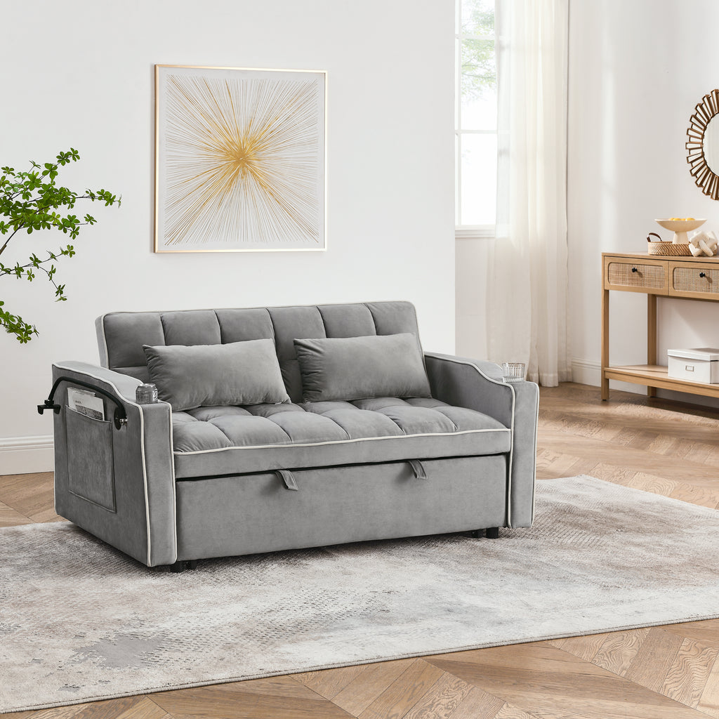 51-Inch Gray Velvet Sofa Bed, Adjustable Back, USB Port, Phone Stand
