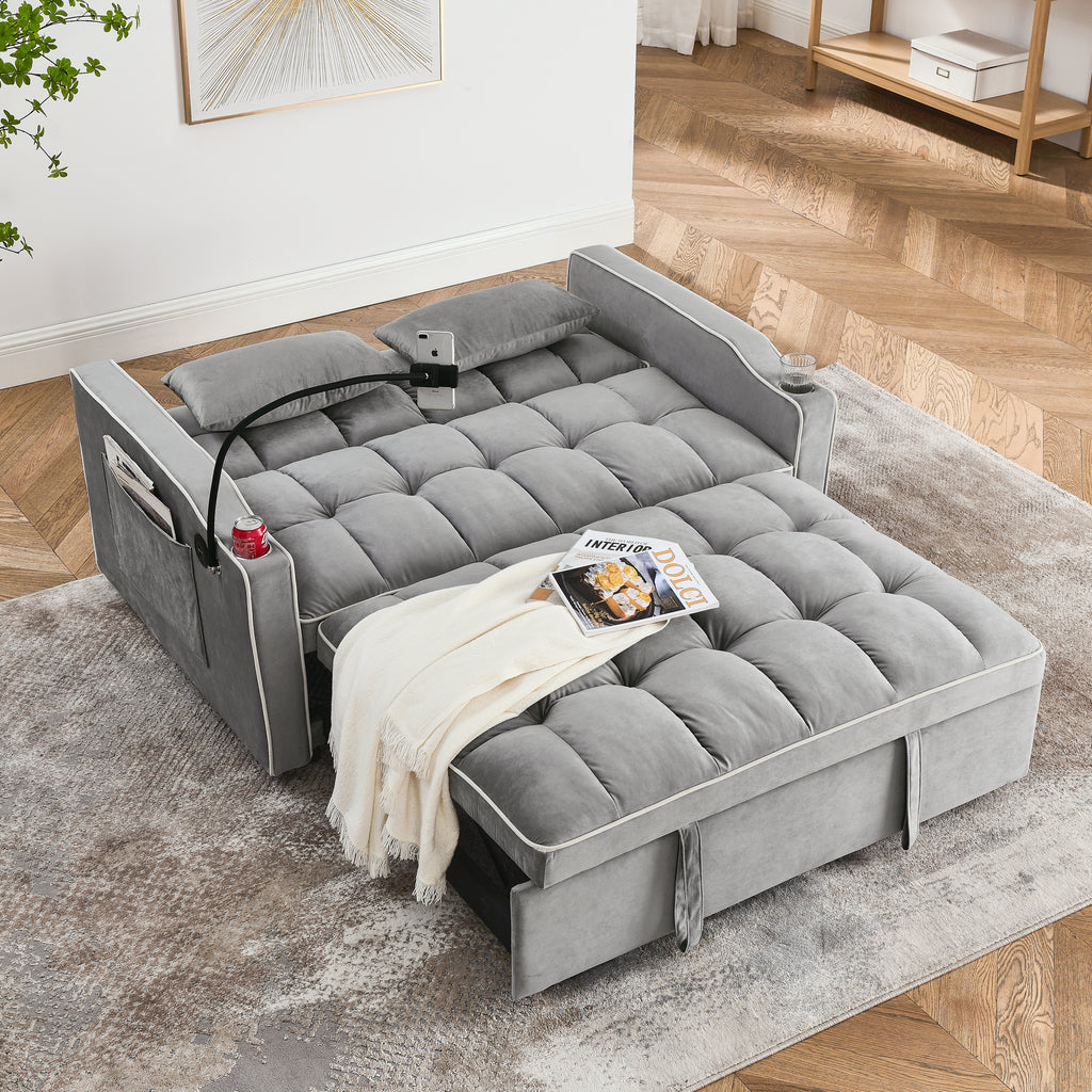 51-Inch Gray Velvet Sofa Bed, Adjustable Back, USB Port, Phone Stand