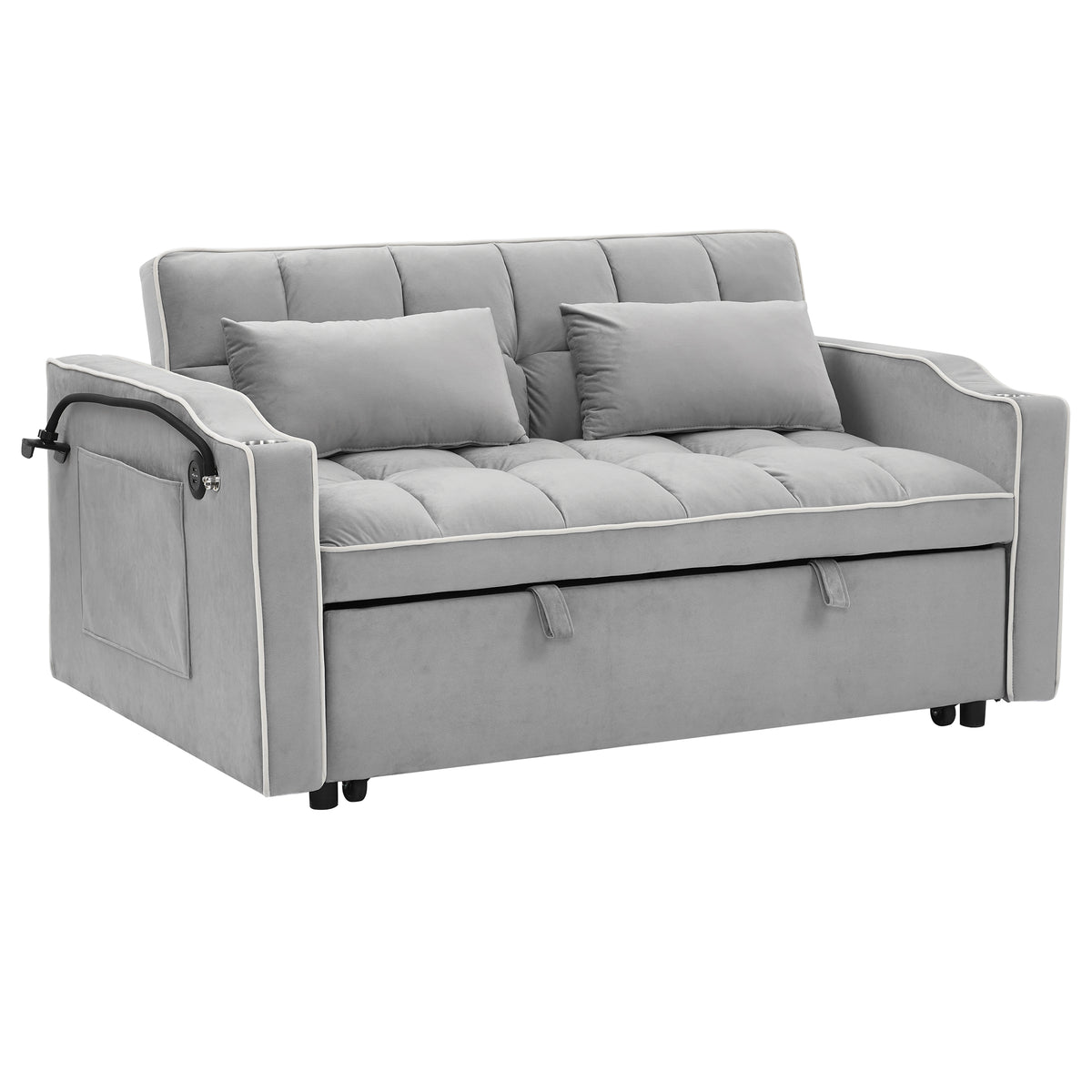 51-Inch Gray Velvet Sofa Bed, Adjustable Back, USB Port, Phone Stand