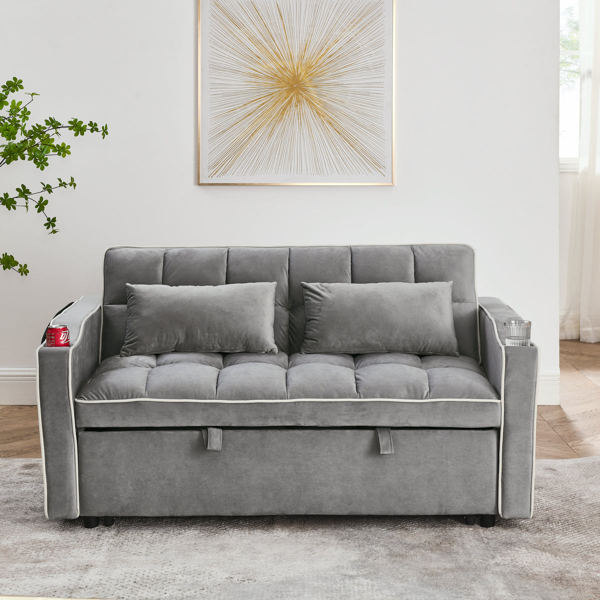 51-Inch Gray Velvet Sofa Bed, Adjustable Back, USB Port, Phone Stand