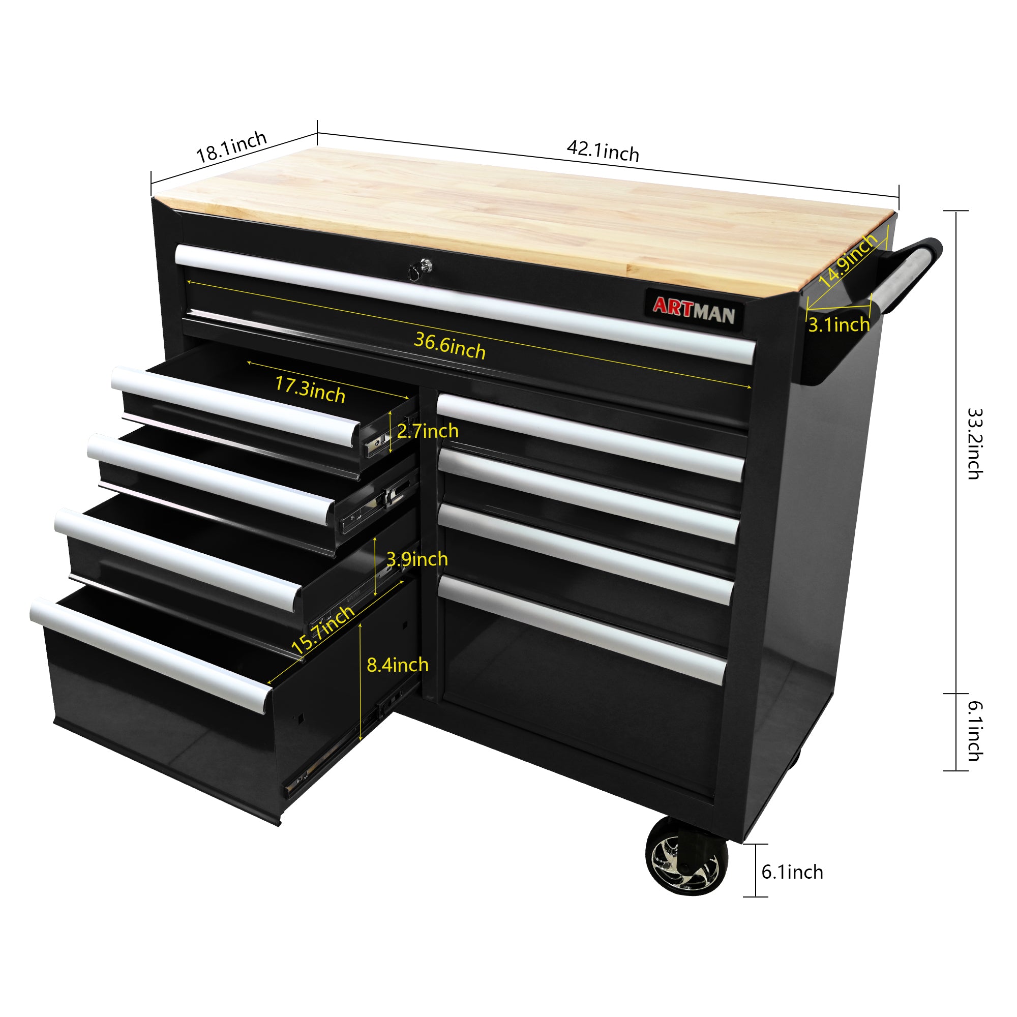 9 Drawers Multifunctional Tool Cart with Wheels and Wooden Top
