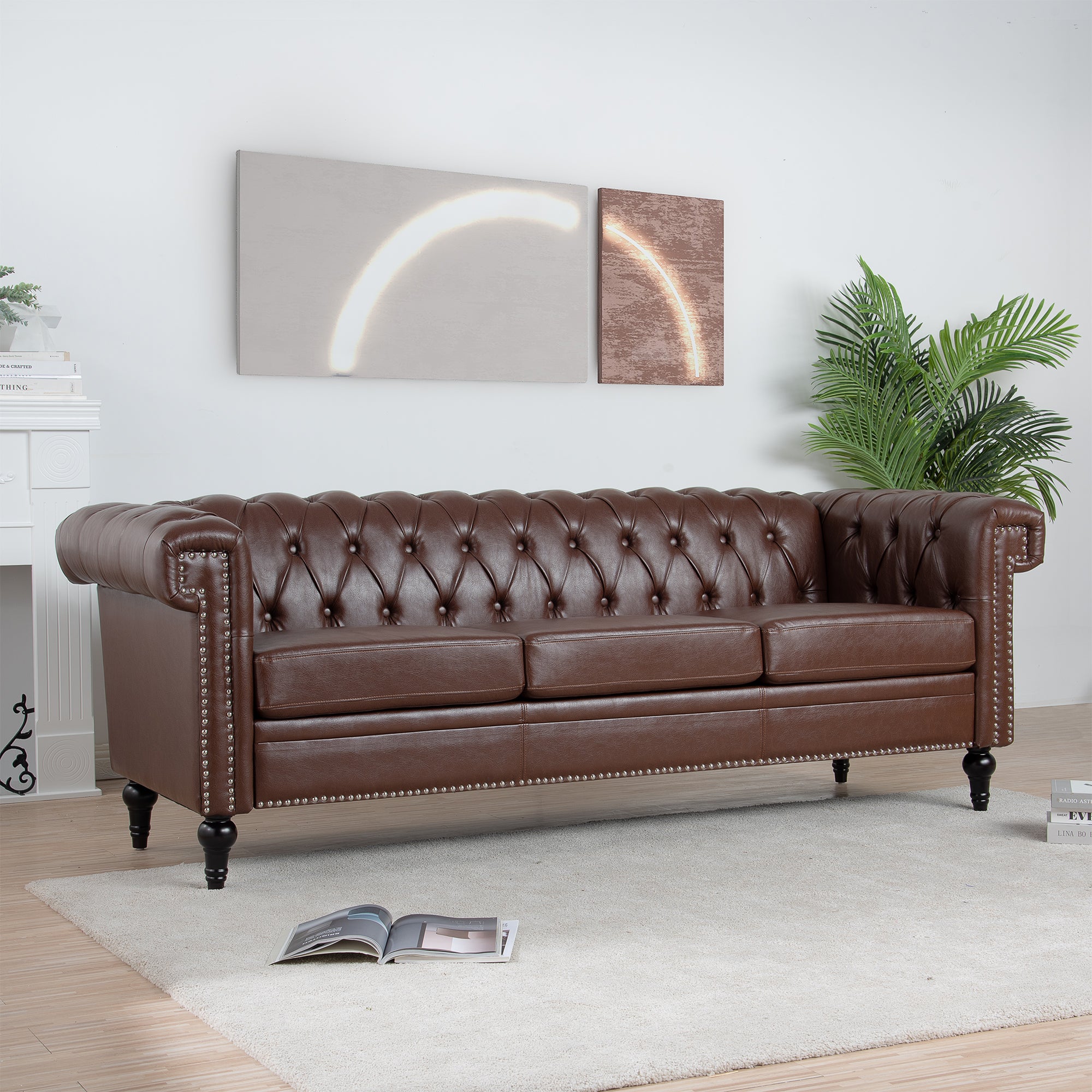 83.66 Inch Width Traditional Square Arm Removable Cushion 3-Seater Sofa
