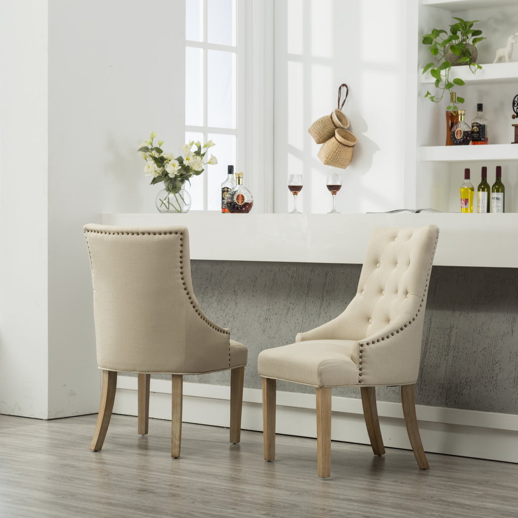 Tan Button Tufted Solid Wood Wingback Hostess Chairs with Nail Heads