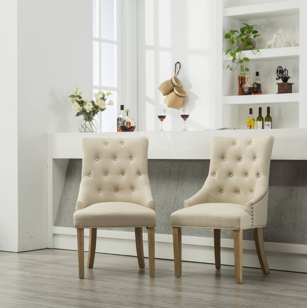 Tan Button Tufted Solid Wood Wingback Hostess Chairs with Nail Heads