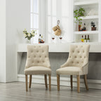 Tan Button Tufted Solid Wood Wingback Hostess Chairs with Nail Heads