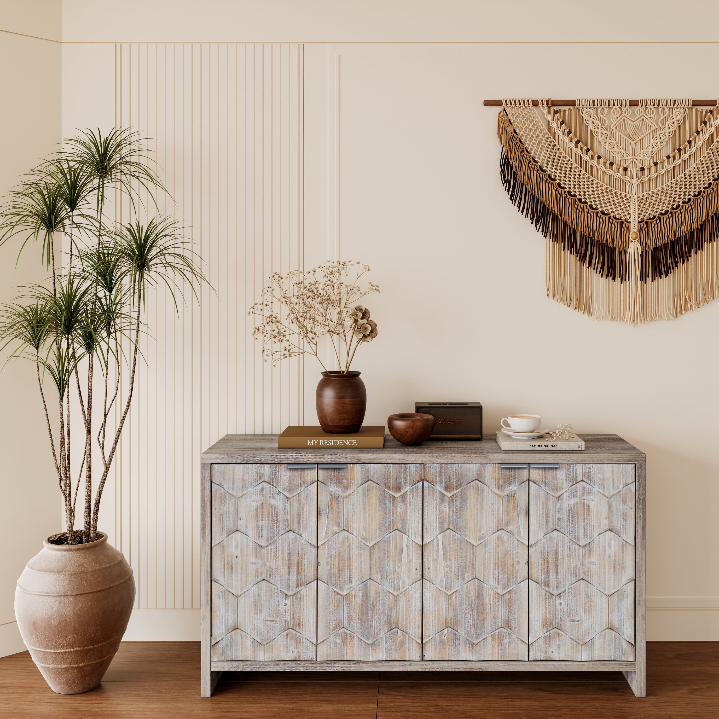 Farmhouse Style 4 Door Wooden Accent Cabinet