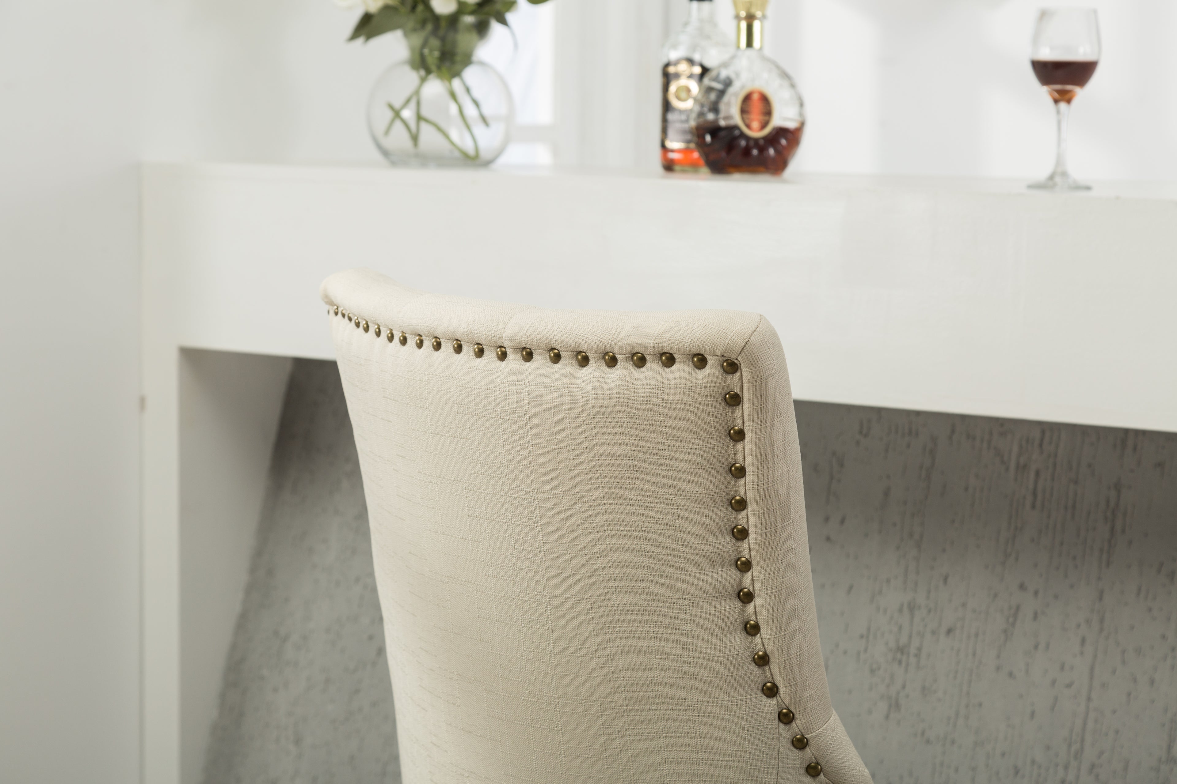 Tan Button Tufted Solid Wood Wingback Hostess Chairs with Nail Heads