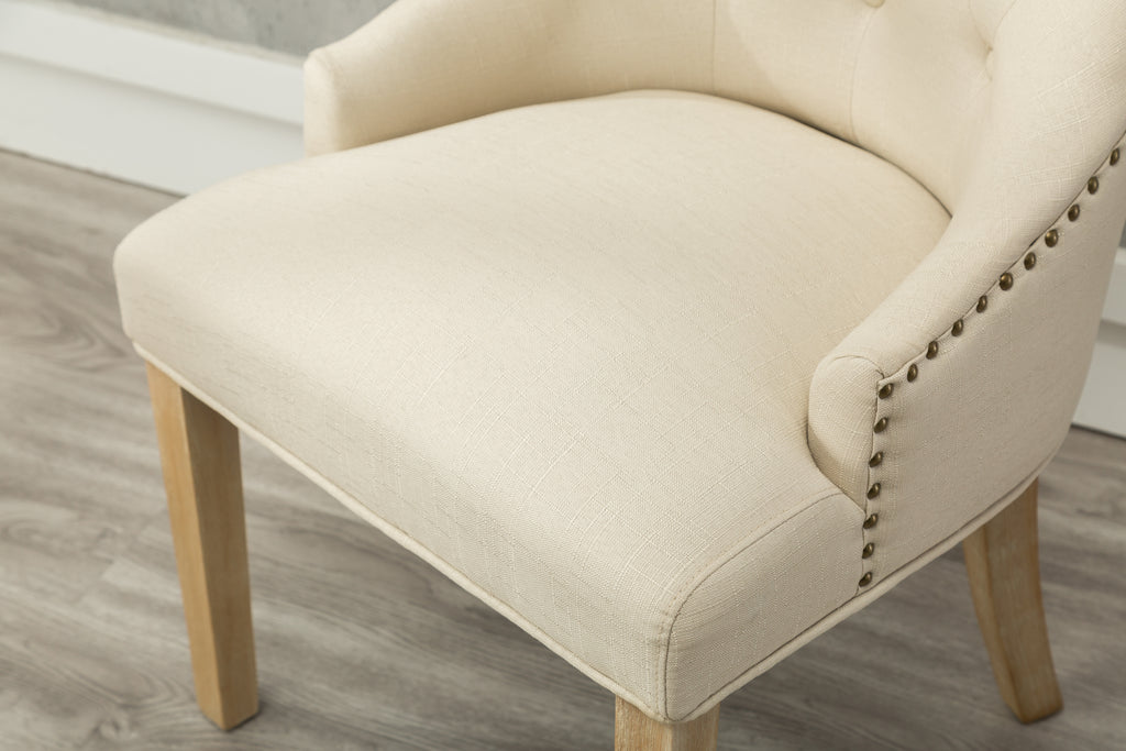 Tan Button Tufted Solid Wood Wingback Hostess Chairs with Nail Heads