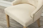 Tan Button Tufted Solid Wood Wingback Hostess Chairs with Nail Heads