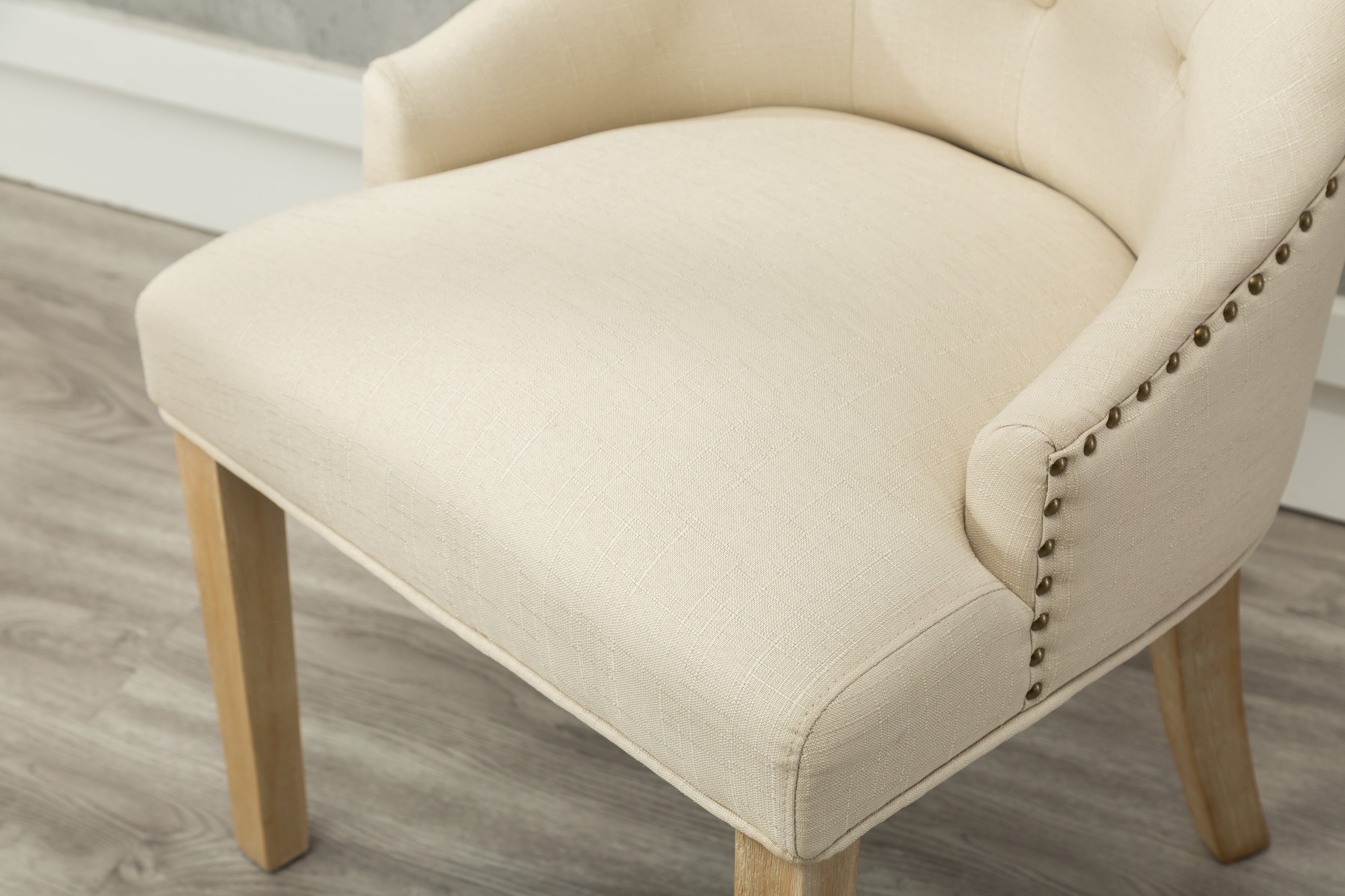 Tan Button Tufted Solid Wood Wingback Hostess Chairs with Nail Heads