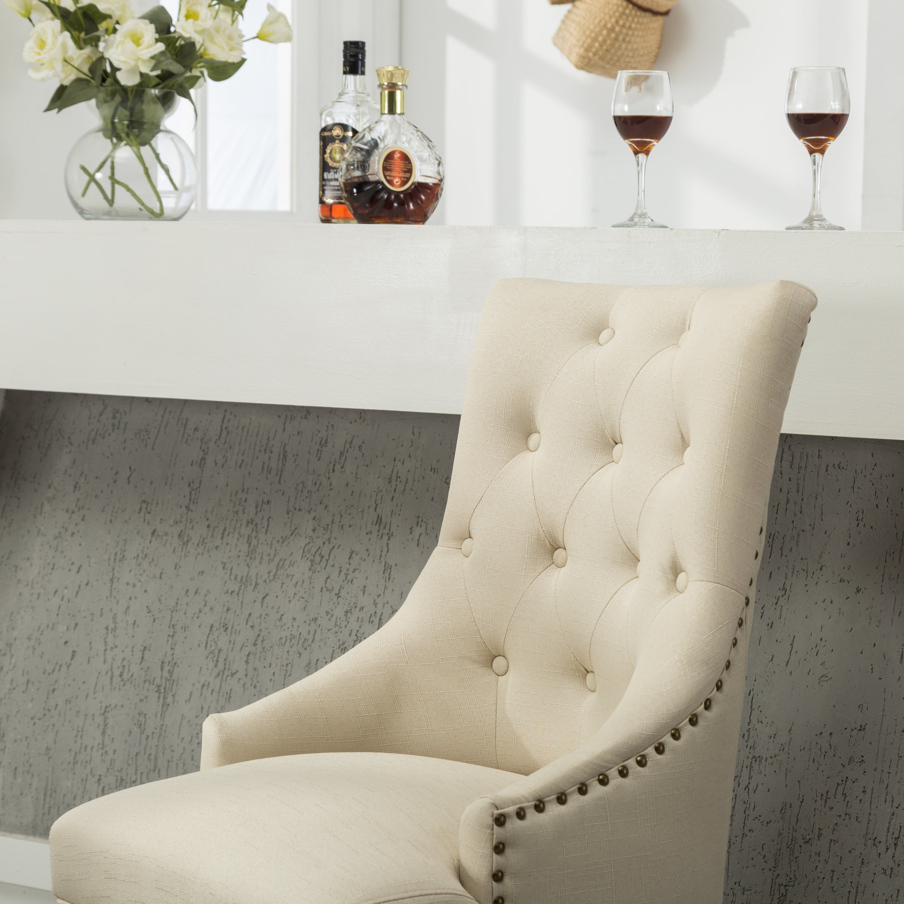 Tan Button Tufted Solid Wood Wingback Hostess Chairs with Nail Heads